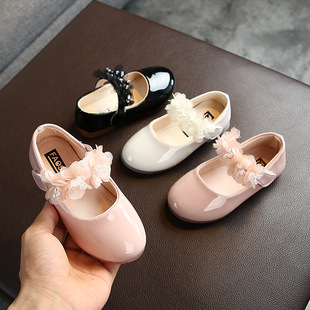 New solid color girls rhinestone lace small shoes Children's flat shoes Korean bright leather shoes a generation of hair