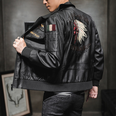 2019 Men's pu leather clothing Lapel Embroidery Motorcycle suit 2019 spring and autumn Men's leisure time Trend leather jacket wholesale