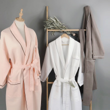 星级酒店夏季薄款粉色白色华夫格睡袍汗蒸服吸水透气浴袍式短袖