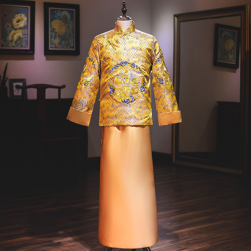 秀禾服男2020新款新郎服裝中式禮服結婚服夏男士套裝男款金色秀禾