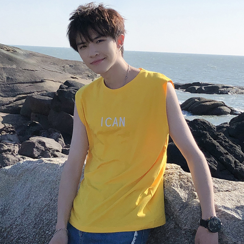 2019年夏季新款男士無袖T恤合體型純色休閑運動背心男