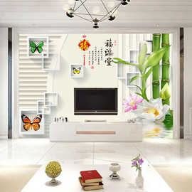8d电视背景墙壁纸高清壁画5d客厅大气墙布3d现代中式家和竹子墙纸
