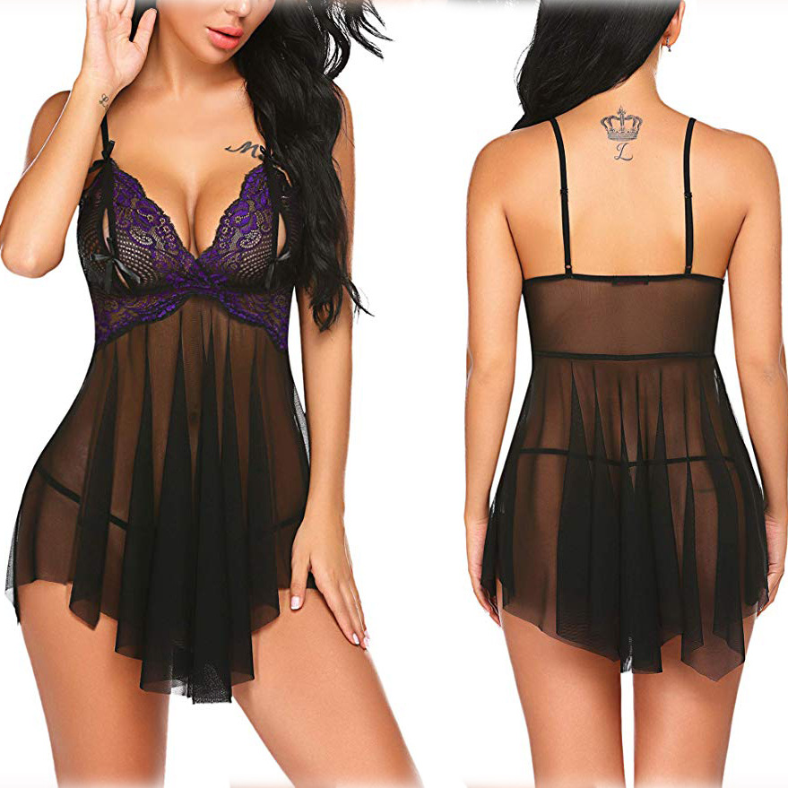 Ensemble Lingerie Dentelle Babydoll 2 Pièces - Soutien-Gorge Et String, Design Ruban, Pour Femme