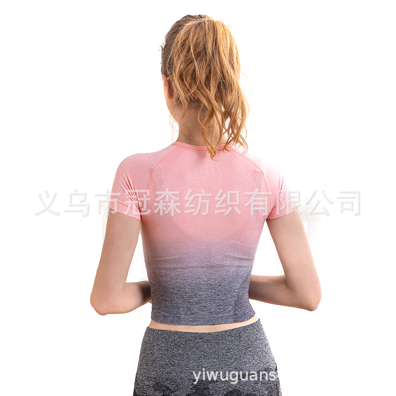 吊染渐变色运动T恤女速干亚马逊吸汗紧身短袖上衣跑步健身瑜伽服