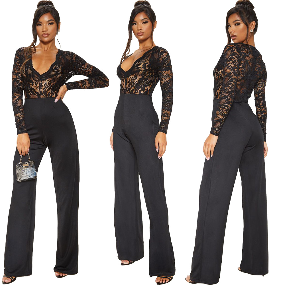 women s fashion sexy lace stitching slim-fit jumpsuit nihaostyle clothing wholesale NSFNN70033