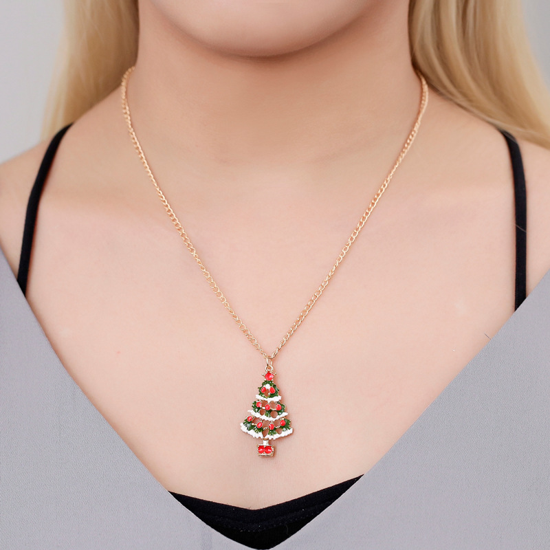 New Fashion Christmas Color Cute Dripping Oil Christmas Tree Earring Necklace Set Wholesale display picture 2