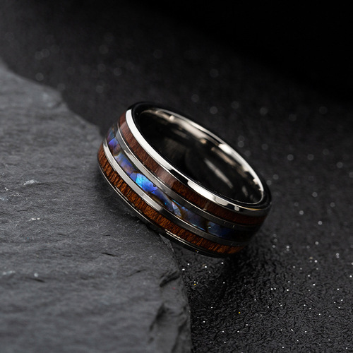 Cross-border hot-selling hand jewelry acacia wood grain + abalone shell titanium steel ring Amazon Xiyin European and American popular jewelry