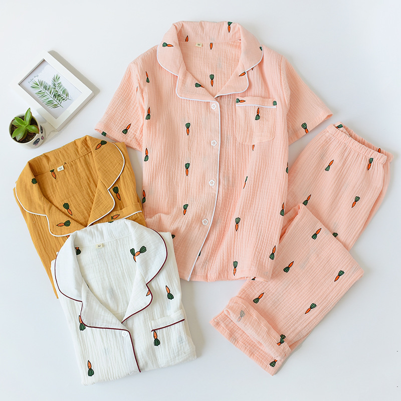 Pure Cotton Radish Pajamas Couple Spring and Summer Washed Cotton Short-sleeved Trousers for Men and Women Pure Cotton Crepe Home Wear Source