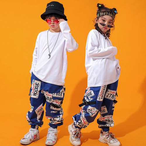 Children's jazz street hiphop rapper dance costumes boys hip-hop suits girls white with blue printed color loose dance practice clothes trendy clothes for boy girls