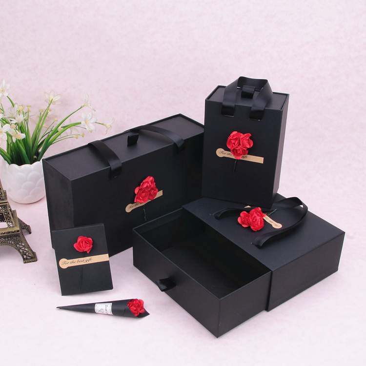 黑色禮品盒抽屜式提手盒長方形可樂包裝盒面膜盒香水盒可裝情侶杯