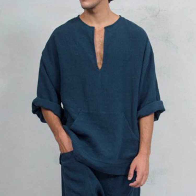 2024 Export New Cross-Border Spot Men's Cotton and Linen Loose Pure Color Breathable Men's Long-Sleeved T-Shirt Men's One-Piece Drop Shipping