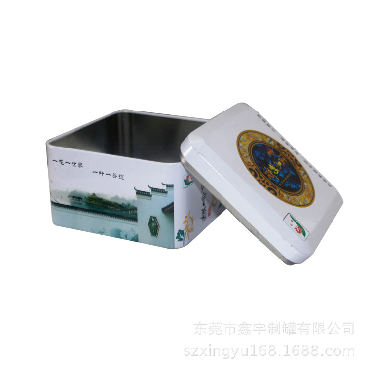 Fuente de fábrica al por mayor Xinyang Mao punta caja de hierro embalaje cuadrado té de flores de oro caja de hierro muestra gratuita
