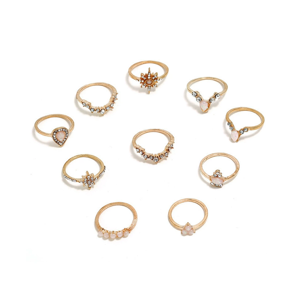 Ethnic Retro Drop-Shaped Ring Set, Alloy with Diamond Accents, Gold, Sizes 1.6 & 1.8 cm