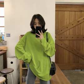外贸长袖T恤女打底衫2019新款网红牛油果绿外穿ins抹茶绿宽松上衣