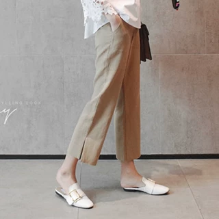 阔腿裤女高腰垂感夏季大码棉麻裤子女宽松胖mm亚麻开叉直筒九分裤