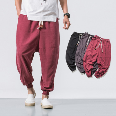 Japanese men loose fitting pure trousers cotton and hemp men trousers