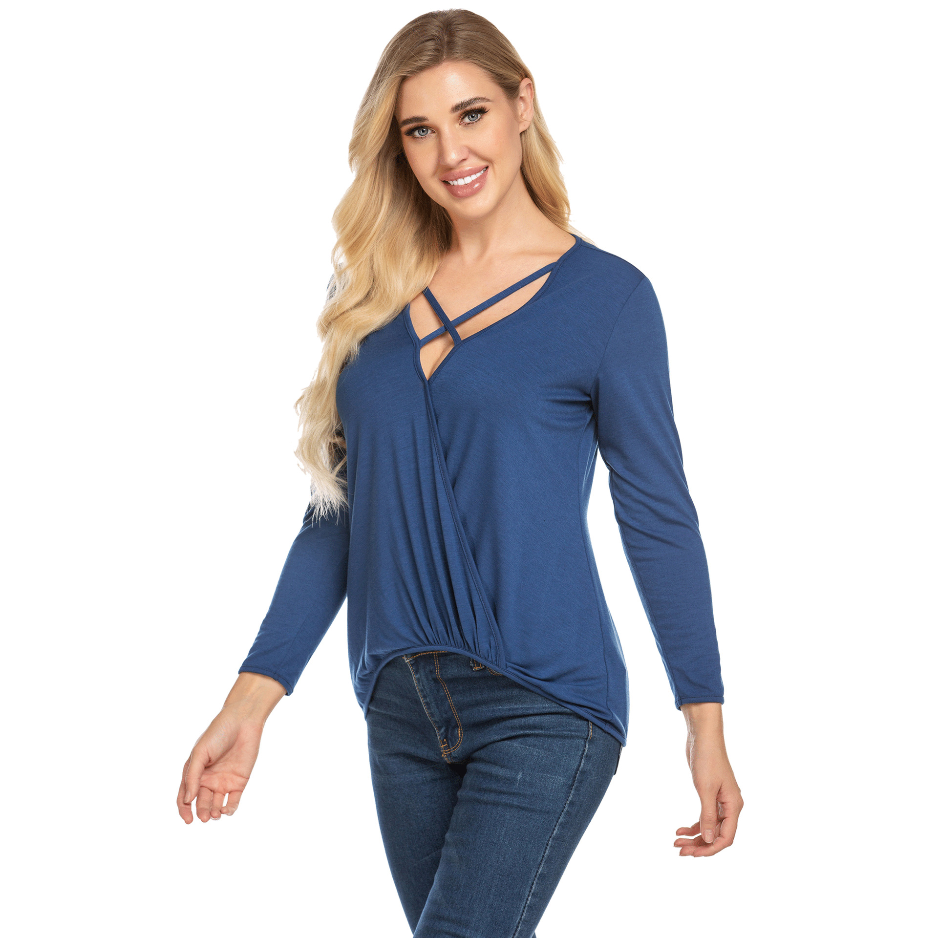 亚马逊ebay跨境女士v领针织t恤套头衫彩棉长袖纯色T恤女装上衣