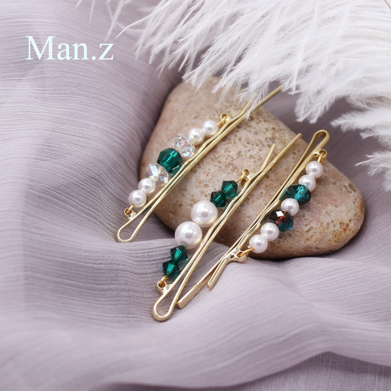 Japanese Emerald Internet Celebrity ins Handmade Beaded Hairpin Crystal Pearl Side Clip French Girl