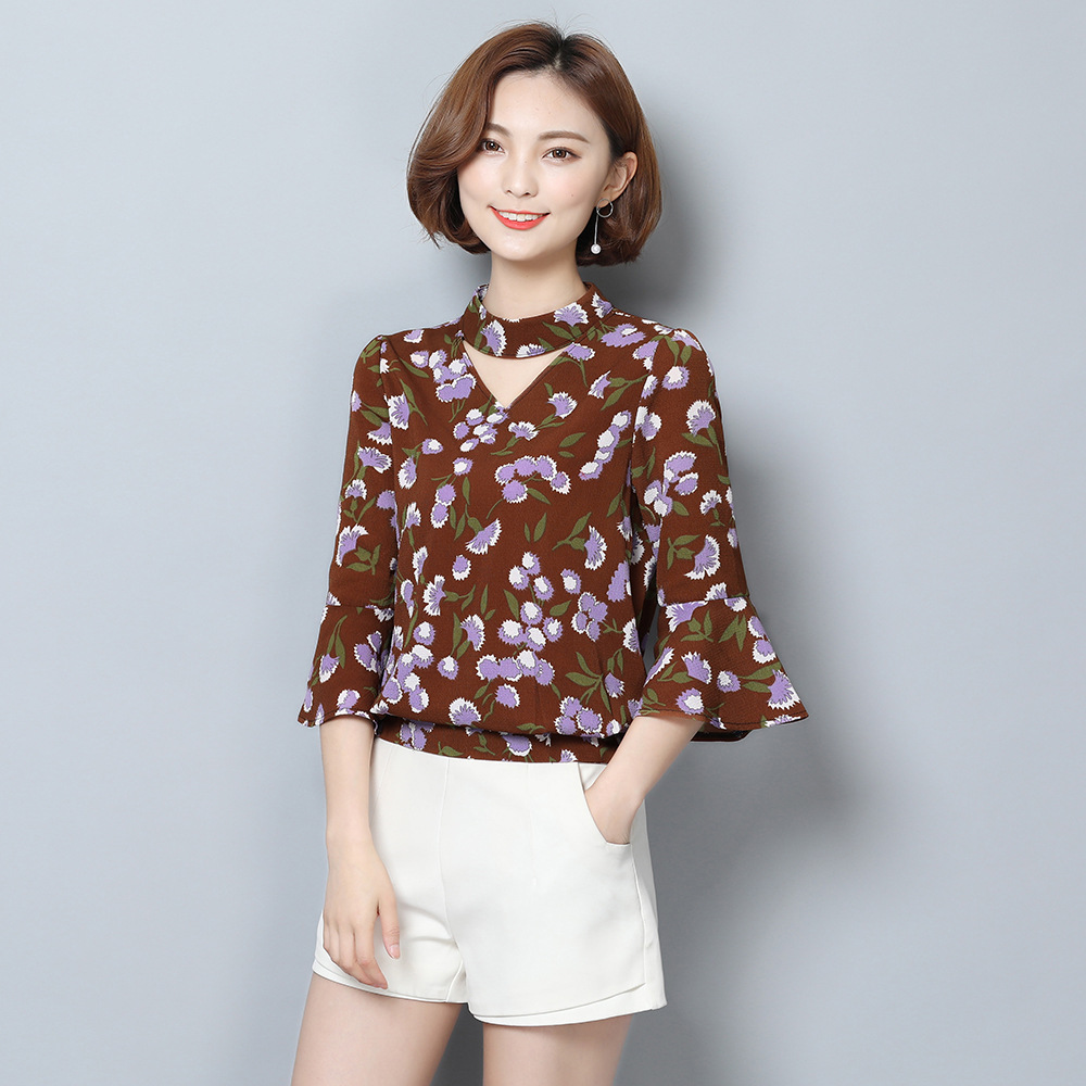 floral round neck trumpet sleeve top NSJR33386