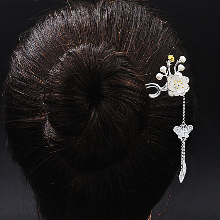 Sansei III S925 Sterling Silver Plum blossom Peach blossom butterfly Hairpin Wedding celebration Hanfu Step shake tassels