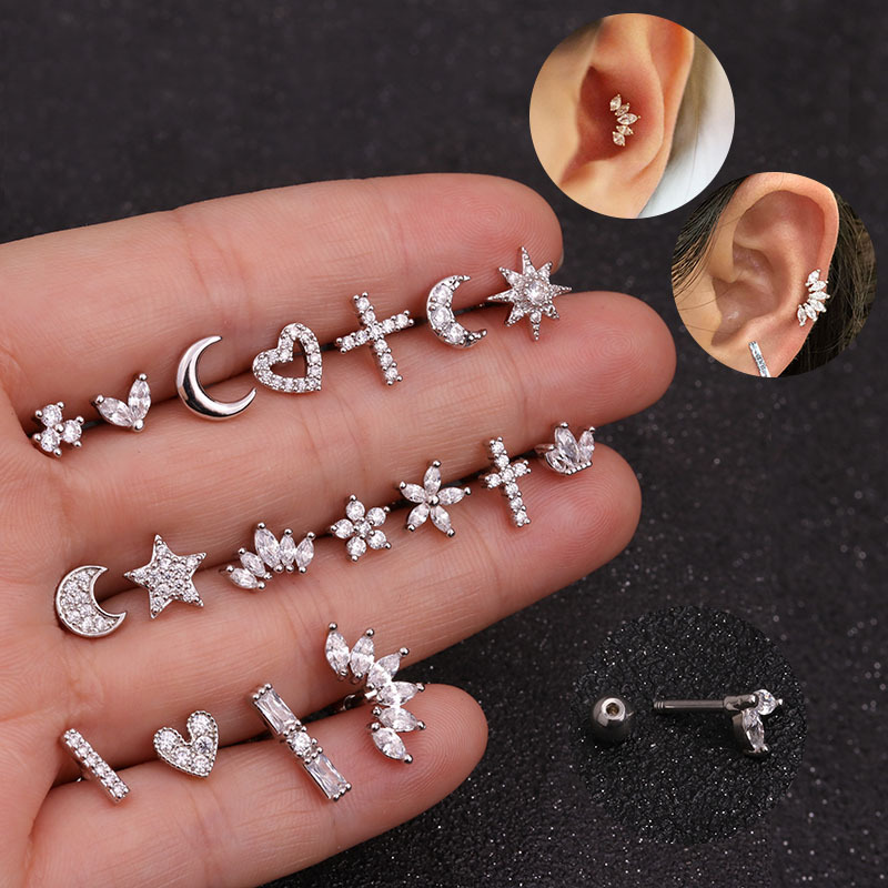 16G stainless steel rod micro inlaid zircon crown ear bone screws screw ball fashion earrings European and American puncture jewelry