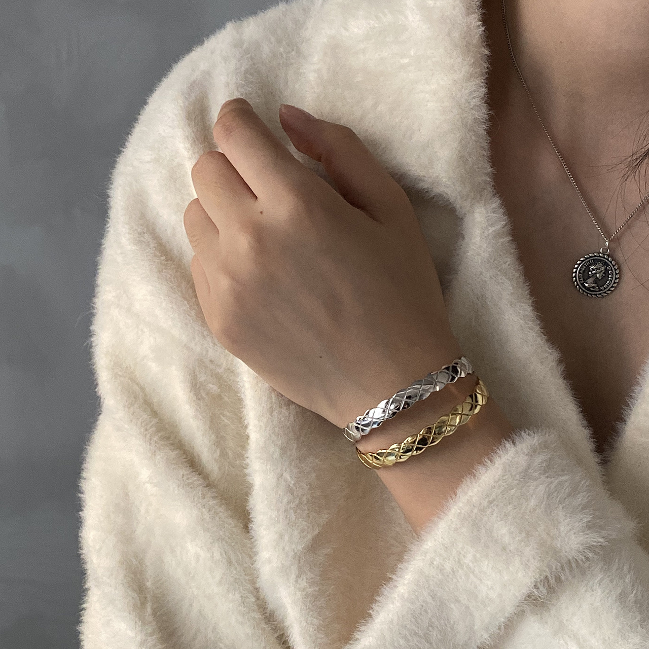 韩国韩版925纯银简约素银工艺单线开口菱格手镯冷淡风简约手环|ru