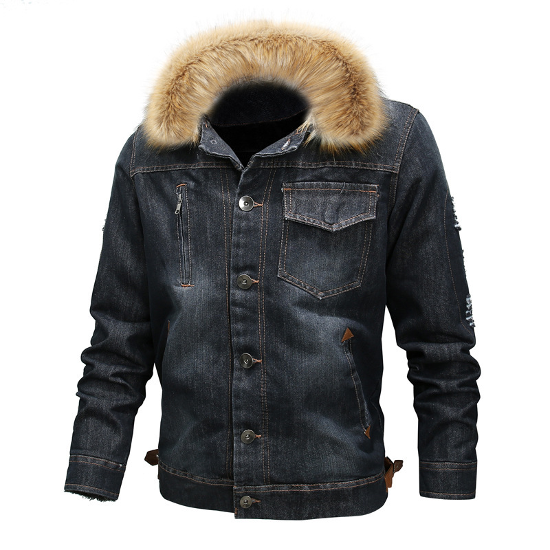 Herrenbekleidung gewaschene Jeansjacke Whitening Plus Flanellkragen Verdickung große Größe_voghion.com