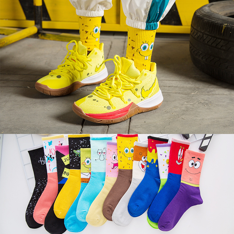 European and American Fashion Brand Owen 5 SpongeBob Squarepants Socks Men's Long Barrel PaiDa Star Squidward Cotton Cartoon Basketball Socks