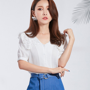 chiffon shirt summer new lace stitching Chiffon doll collar blouse