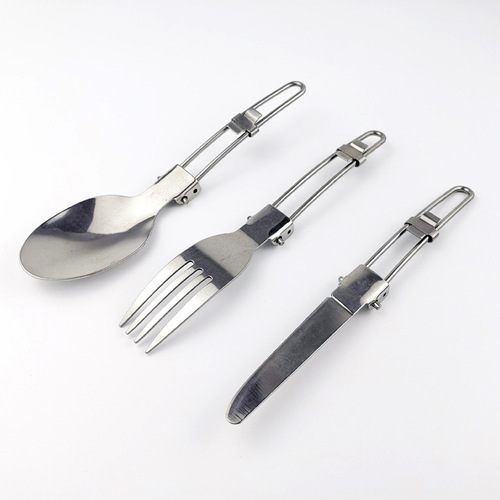 Cross-border exclusive three-piece stainless steel folding tableware set for outdoor travel, portable folding knife, fork and spoon in cloth bag
