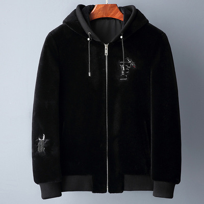 2018冬季皮毛一体外套男羊羔毛连帽短款潮流帅气羊剪绒皮草小夹克|ms