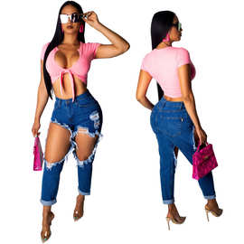 现货高端2019夏季外贸性感气质牛仔长裤高腰女式牛仔裤一手货源