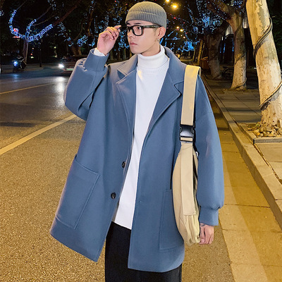 2019冬季新款男士休闲风衣港风加绒加厚学生情侣款毛呢风衣外套