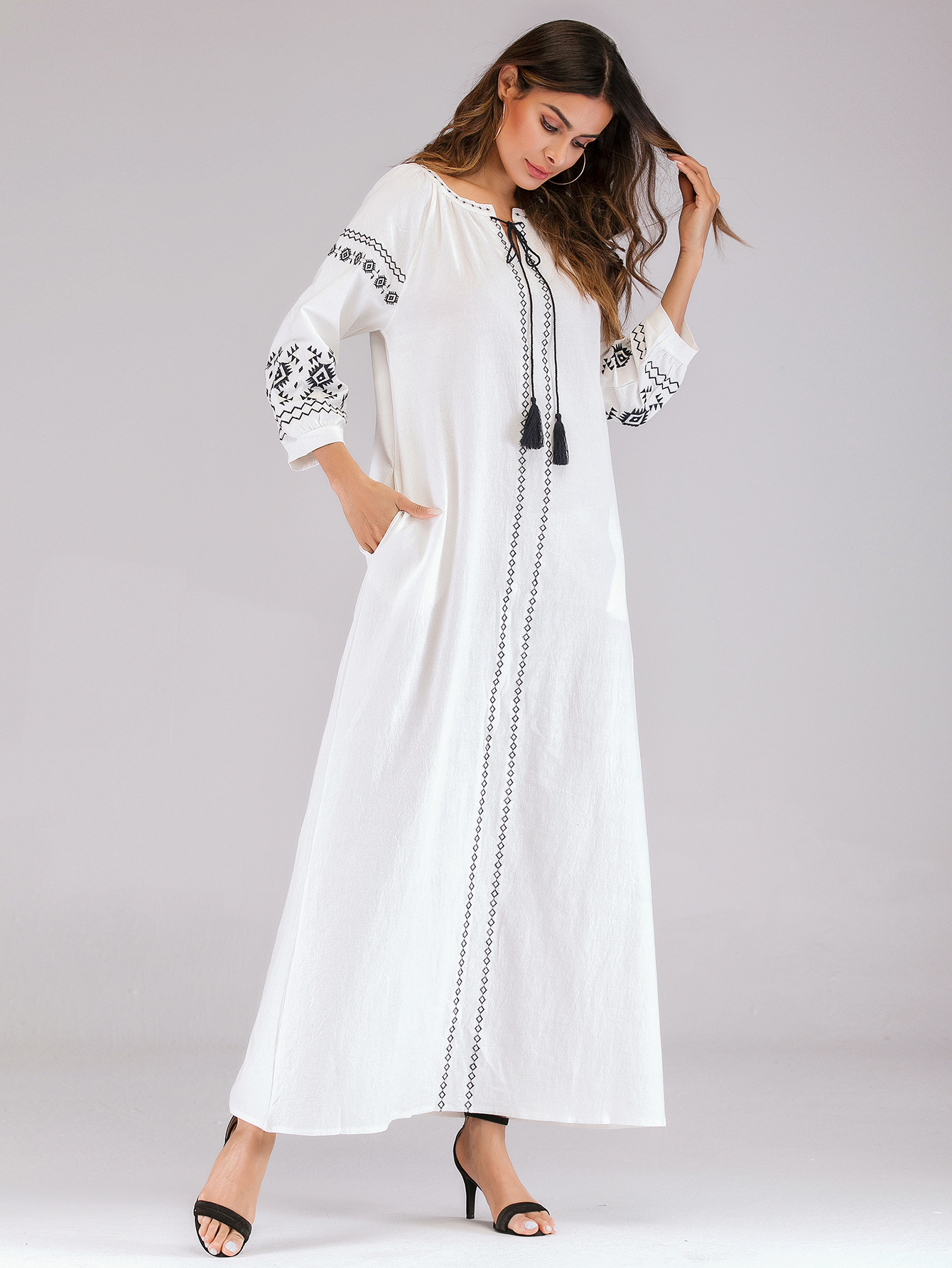 embroidery tassel cotton and linen long dress NSCX51212