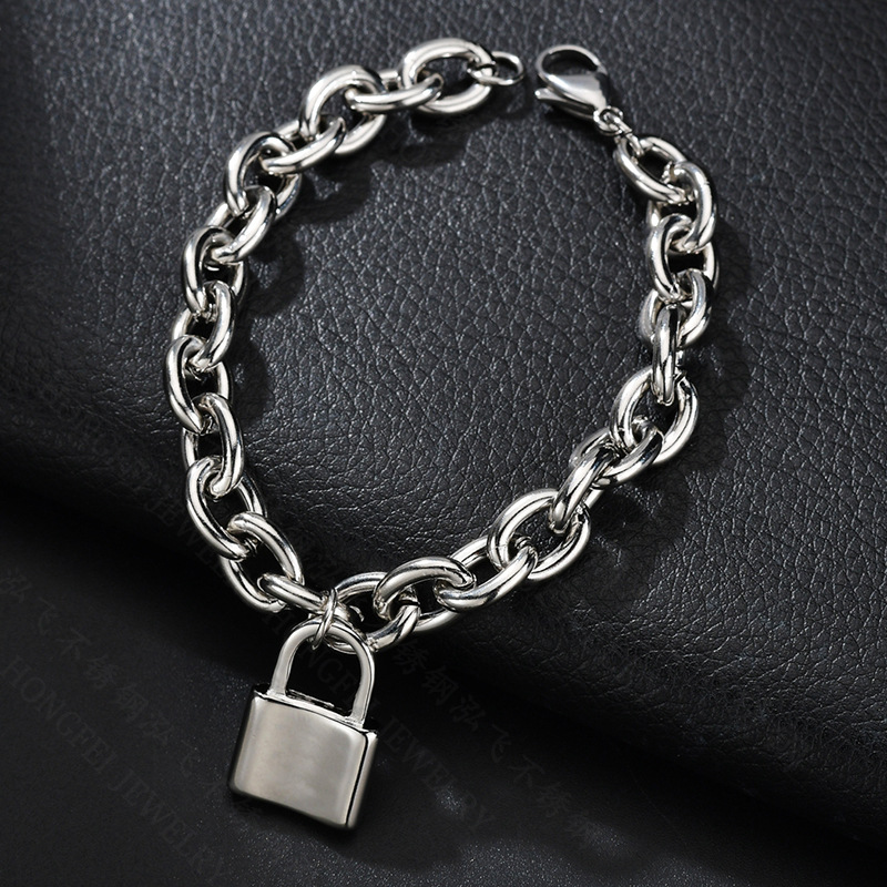 Européen Et Américain Ins Style Cool À La Mode Tête De Verrouillage Bracelet Personnalité Titane Acier Épais Chaîne Couple Amour Serrure Réglable Bracelet display picture 1