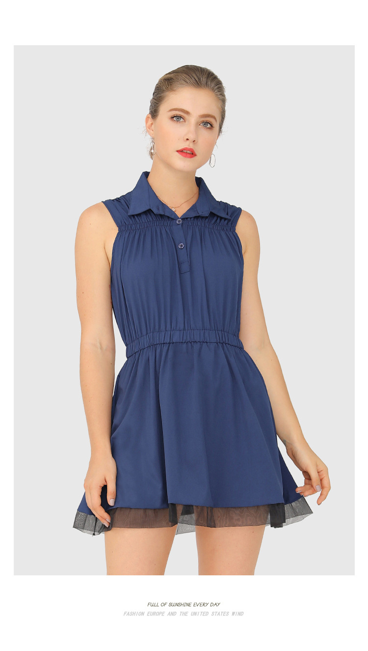 lapel sleeveless dark blue dress NSJR51560