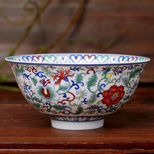 廠家批發景德鎮陶瓷碗中式仿古 5.5寸高腳飯碗 青花斗彩萬花碗