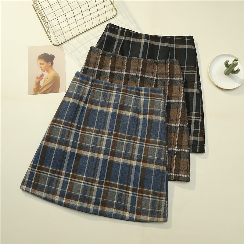 Fashion high waist hair plaid skirt female Korean version of the new thin anti-light A word skirt hip skirt 2293