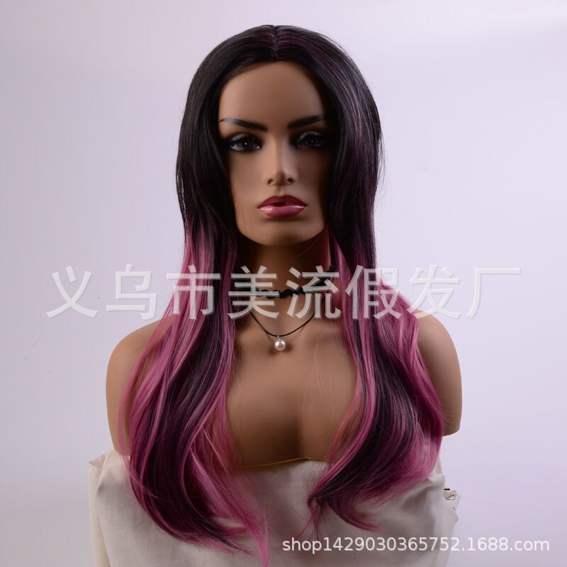 Amazon wig European and American women's long curly hair black gradient purplish red dyed medium large wave curly wig Amazon wig European and American women's long curly hair black gradient purplish red dyed medium large wave curly wig