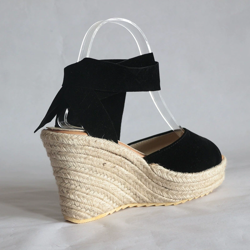 Сандалии наankle-strap из соломы на танкетке, верх PU, каблук 10 см, размеры EU 34–43, плюс-сайз
