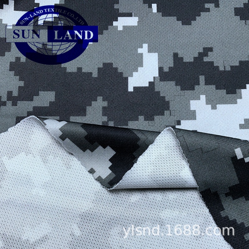 全涤针眼几何迷彩印花布 军事迷运动休闲风T恤白底升华转移印面料