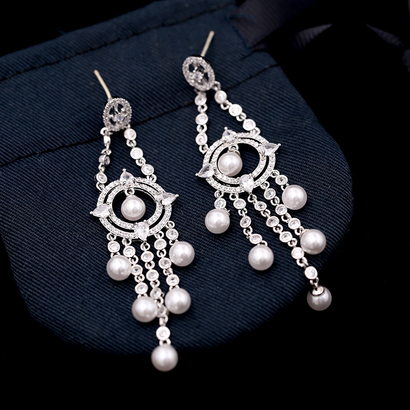 S925 Silver Needle Wang Hao With The Same Paragraph High-grade Slim Pearl Earrings Long Tassel Heavy Work Zircon Earrings Banquet Wild display picture 7