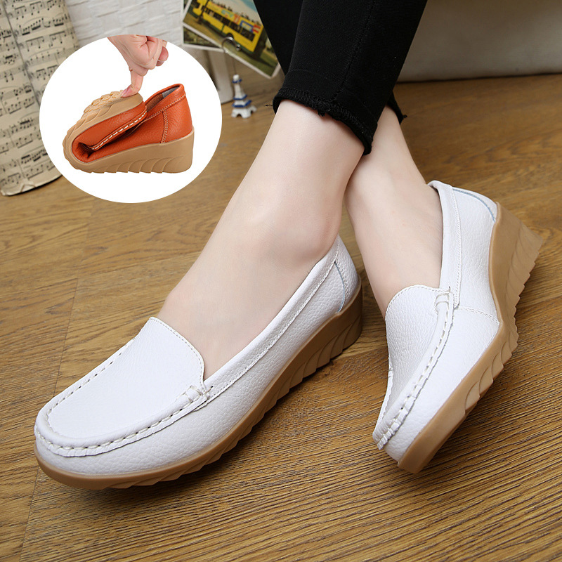 春季真皮中老年妈妈鞋坡跟平底护士鞋白色休闲工作鞋牛筋软底单鞋|ms