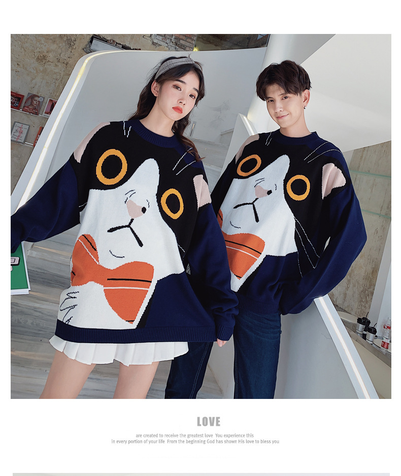 Men's Wool Sweater With Cat Pattern Round Neck Couple Knit Top_voghion.com