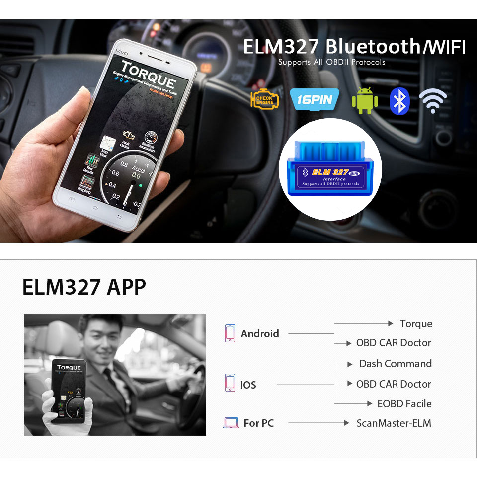 OBD2 mini蓝牙汽车检测仪PIC25K80芯片ELM327外贸英文版