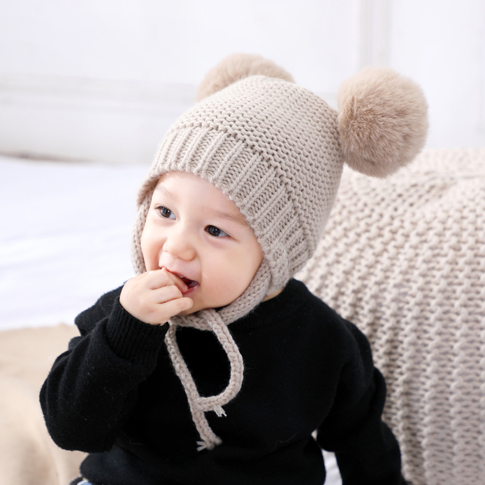 SH337 new European and American braids double ball warm baby hat Amazon fashion autumn and winter haiki children's cap