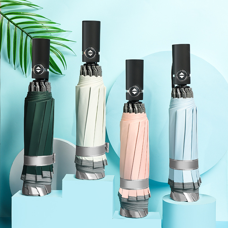 钛银自动遮阳反向伞三折商务晴雨伞十骨双人加大太阳伞广告伞定制|ms