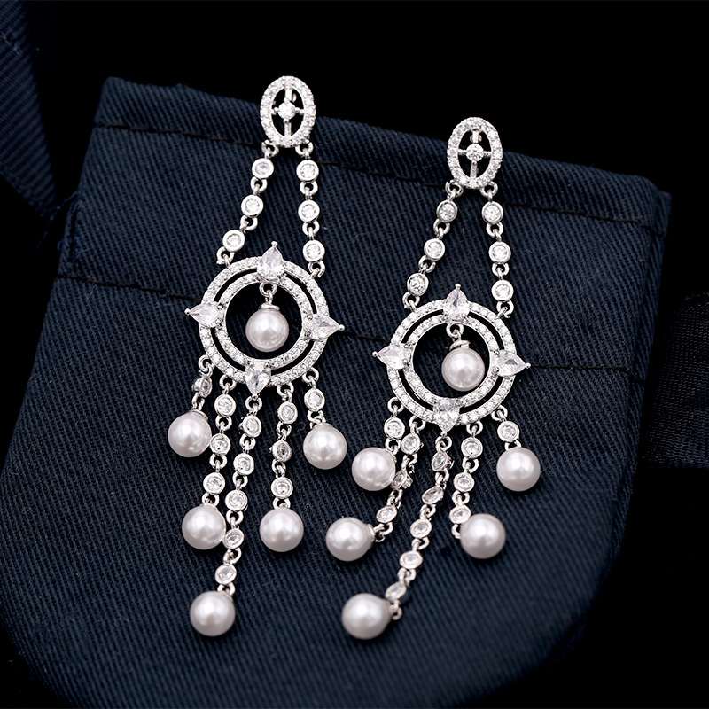 S925 Silver Needle Wang Hao With The Same Paragraph High-grade Slim Pearl Earrings Long Tassel Heavy Work Zircon Earrings Banquet Wild display picture 8