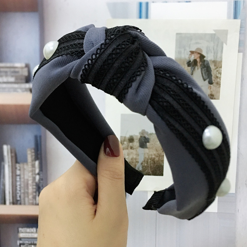 Korean new style lace headband Korean wide side knotted pearl headband