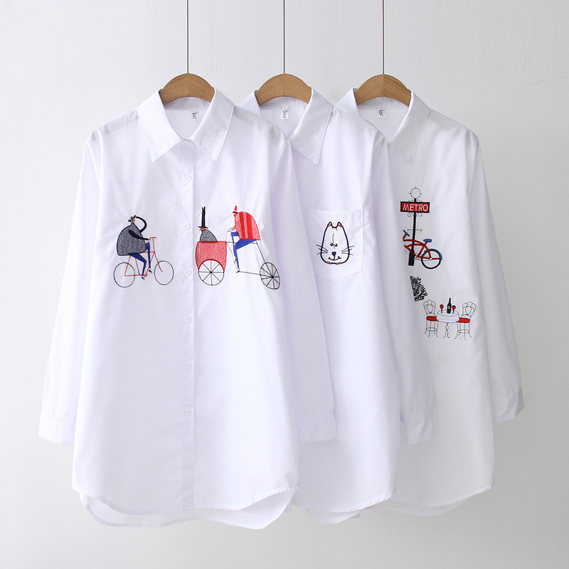 Explosions Harajuku embroidered white shirt AliExpress Amazon 2019 European and American retro BF long sleeve shirt long women